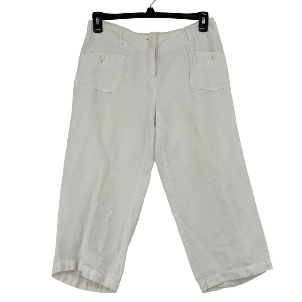 Liz Claiborne Cropped Pants Size 10 Petite White Linen Blend High Rise Wide Leg